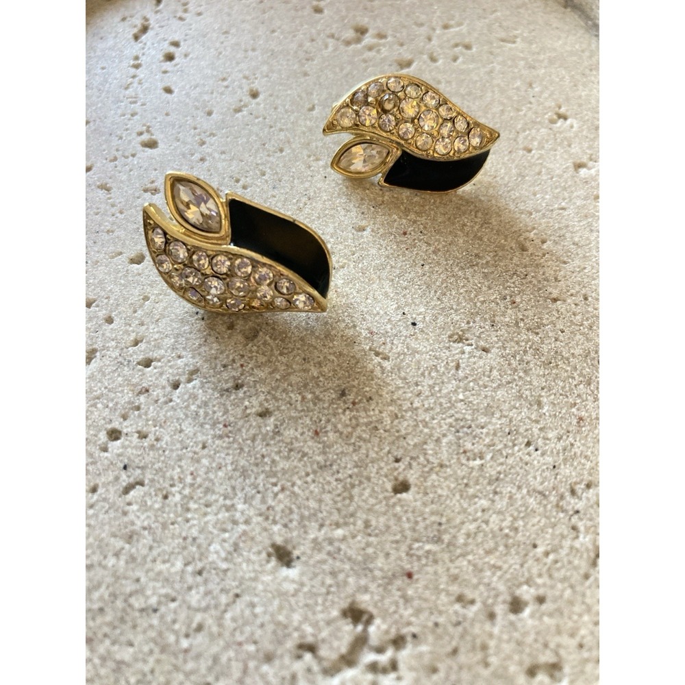 Vintage Trifari Clip On Earrings In Gold Tone Rhinestones & Black Enamel Glam